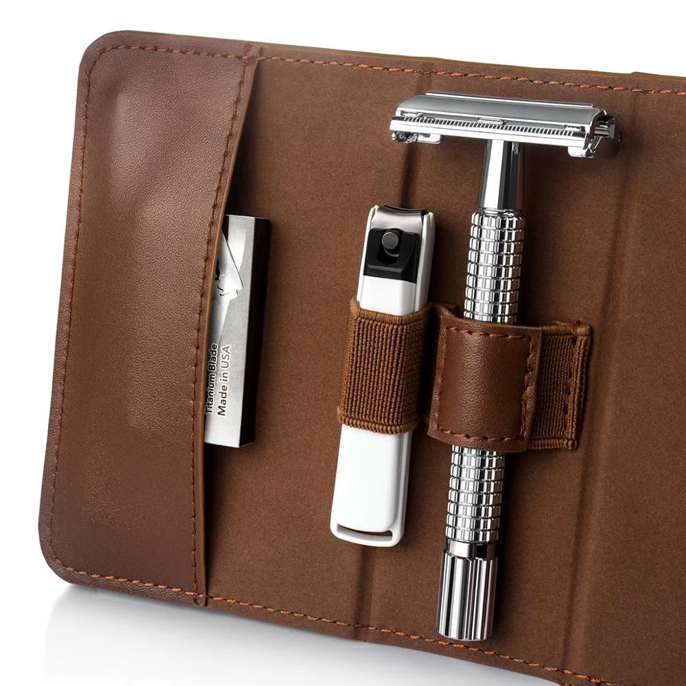 Trendy Safety Razor Travel Shaving Kit With Vintage Leather Case Original