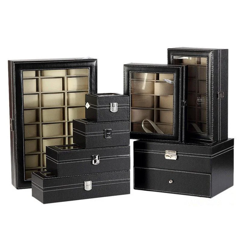 Clean Manfredi Black Leather Watch Box Organizer 2-12 Slots Breathable