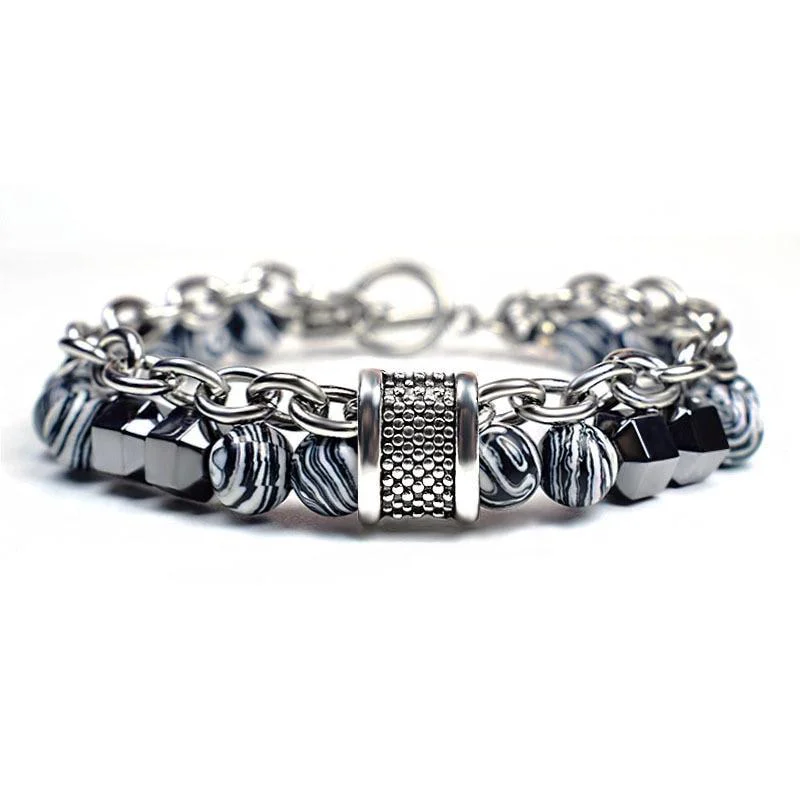 Fine Johnny Natural Stone Steel Beaded Bracelet Prestigious