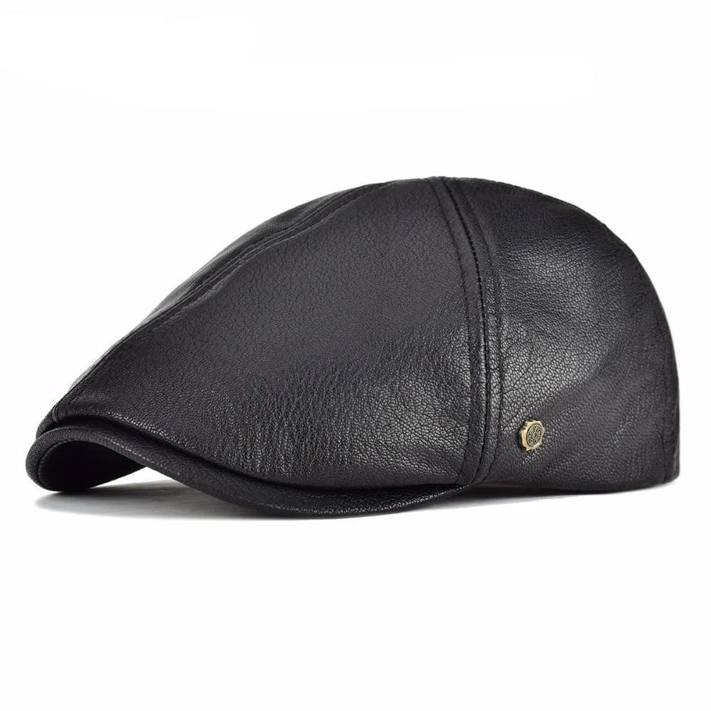 Functional 6 Panel Leather Flat Cap Detailed