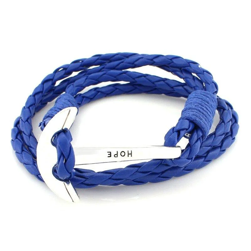 High-Quality Hope Silver Anchor Leather Bracelet Modern