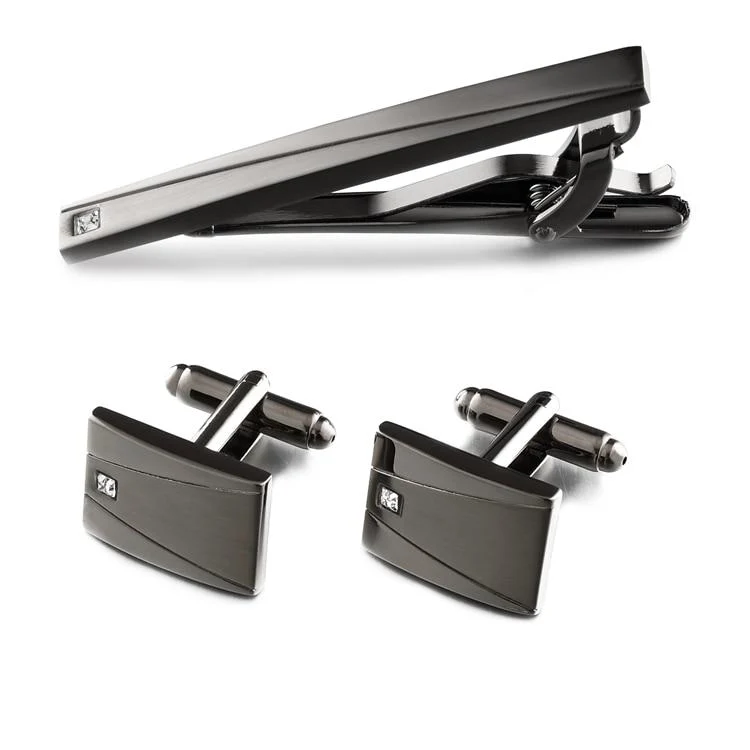 Secure Gunmetal Cufflinks Tie Clip Set High-End