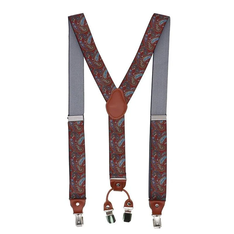 Secure Florin Patterned Retro Leather 4 Clip Business Suspenders 35 mm Clean