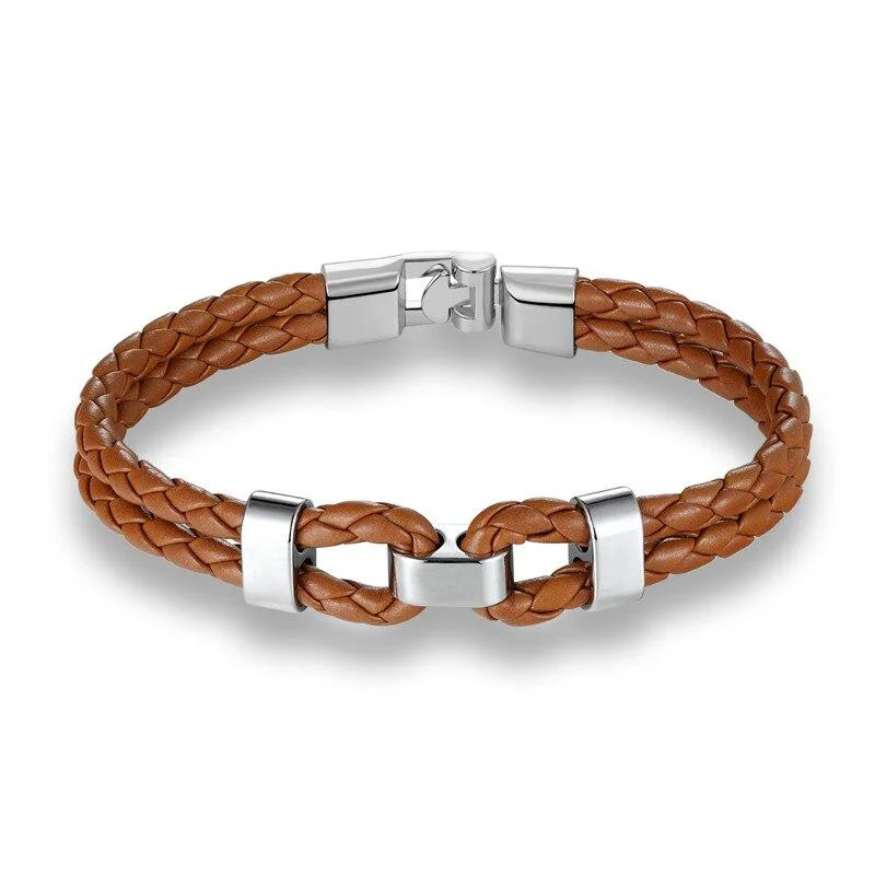Genuine Pulsera de cuero trenzado con doble grillete de plata mate Powerful