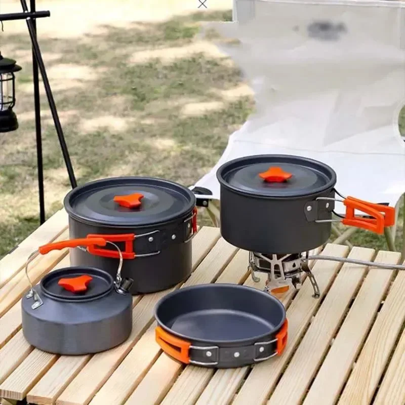 Recyclable Juego de utensilios de cocina para acampar Vajilla portátil de aluminio para exteriores Kit de cocina con sartén tazón tetera y olla para senderismo barbacoa y picnic Comfortable