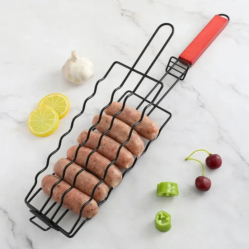 Durable Pinza de malla antiadherente para barbacoa con mango de madera para camping Breathable