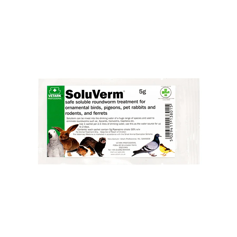 Clean Vetark Soluverm Soluble Roundworm Treatment for Birds Small Animals 5g Organic