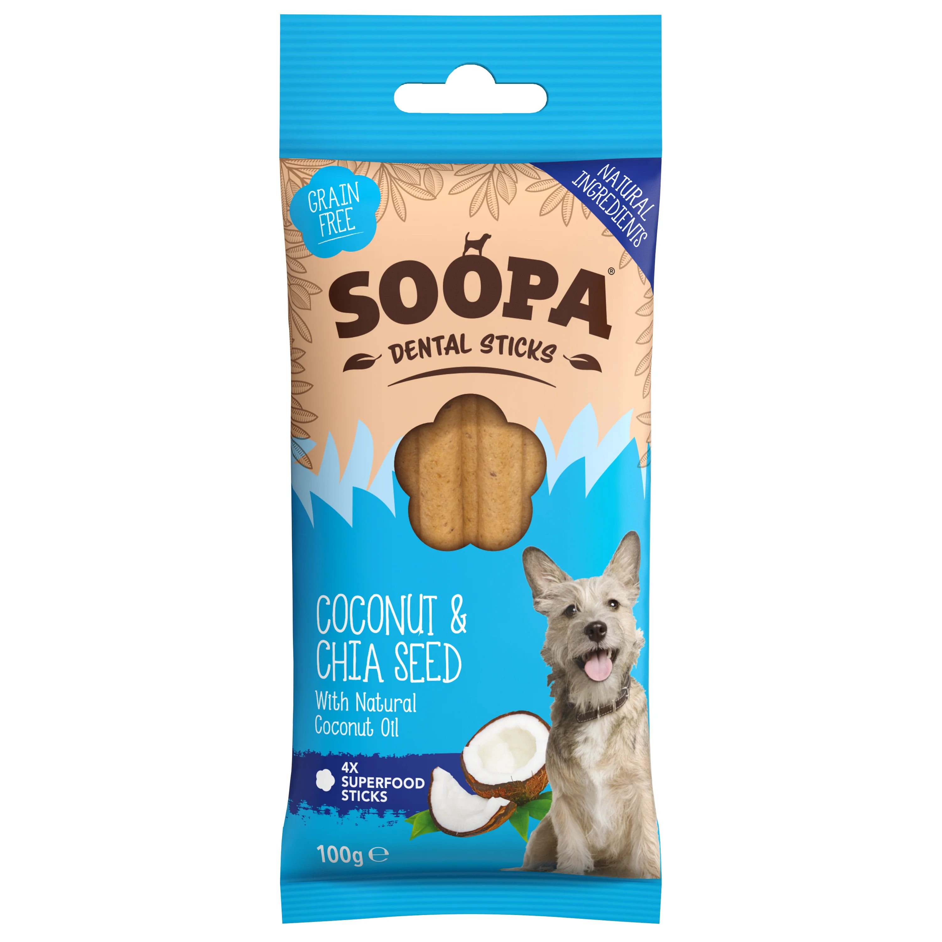 Selected Soopa Dental Sticks Dog Treat Coconut Chia Seed 4 Pack 100g Lightweight
