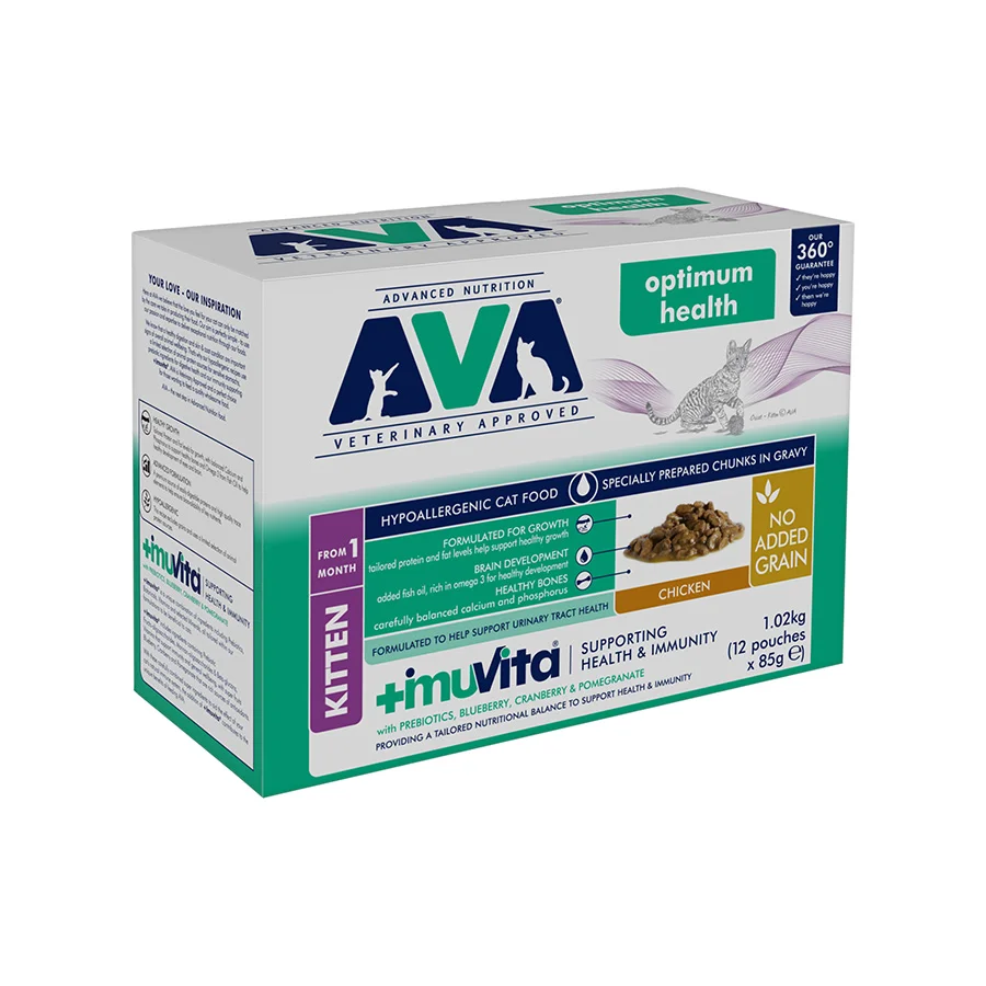 Innovative AVA Optimum Health Wet Kitten Cat Food Chicken Gravy 12x85g Stylish