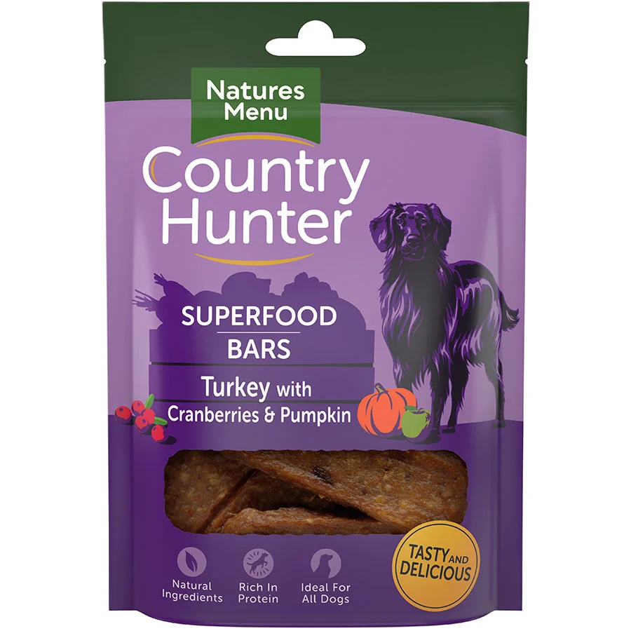 Prestigious Natures Menu Country Hunter Dog Treat Bar Turkey Cranberry Pumpkin 100g Minimalist