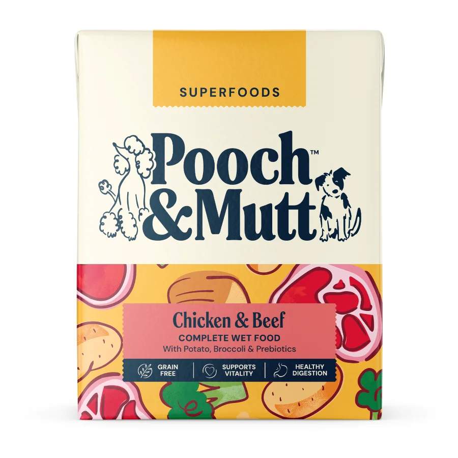 Optimized Pooch and Mutt Chicken and Beef Wet Adult Dog Food Carton 375g Trusted