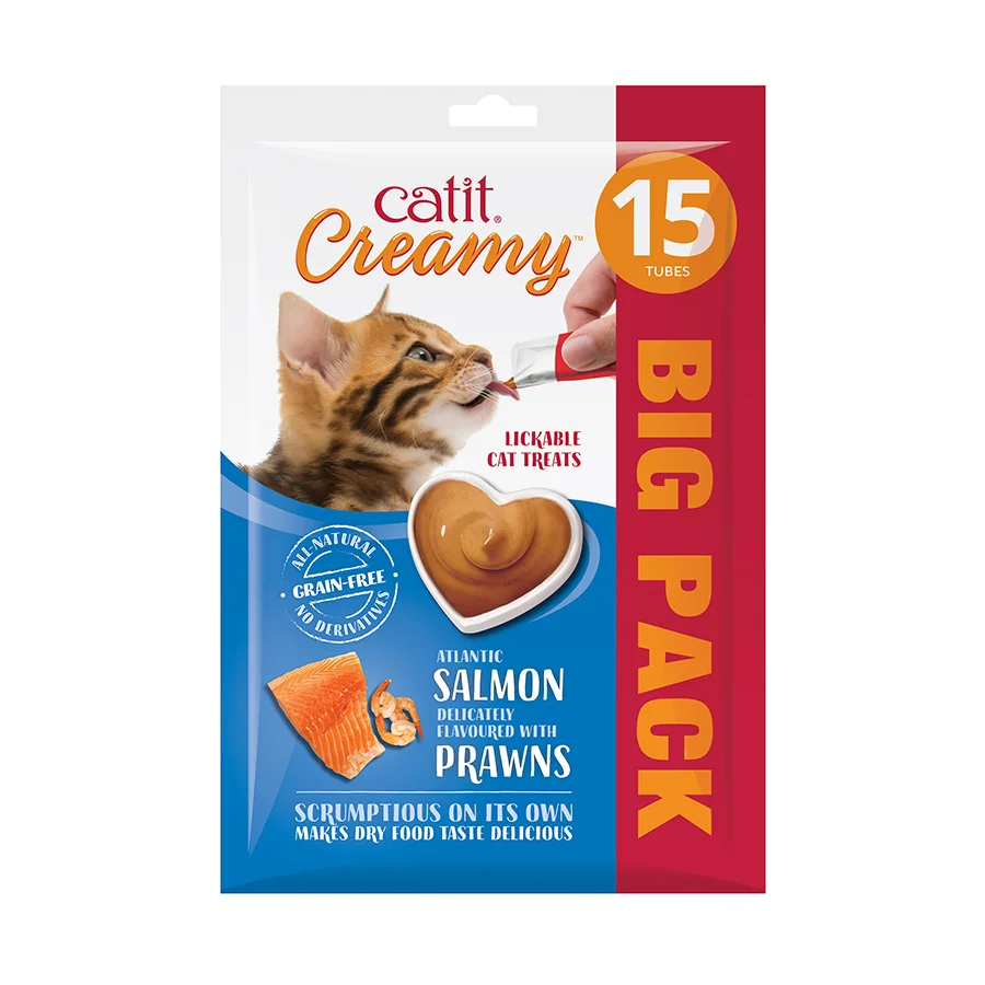 Clean Catit Creamy Lickable Cat Treats Salmon Prawn 15x10g Excellent