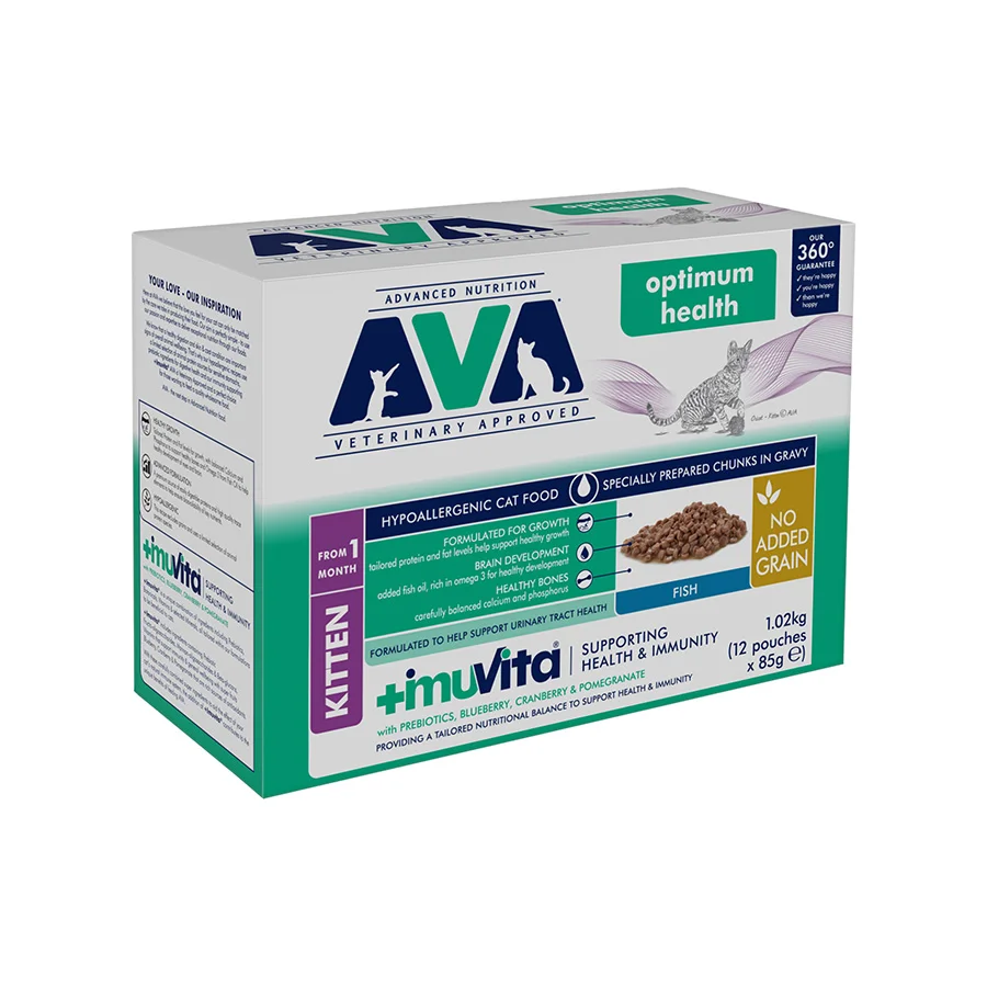 Proven AVA Optimum Health Wet Kitten Cat Food Fish Gravy 12x85g Detailed