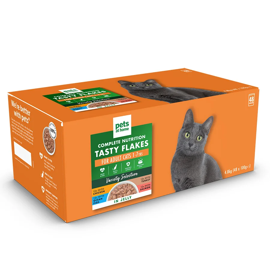 Versatile Pets at Home Tasty Flakes Variety Wet Adult Cat Food In Jelly 48x100g Authentic