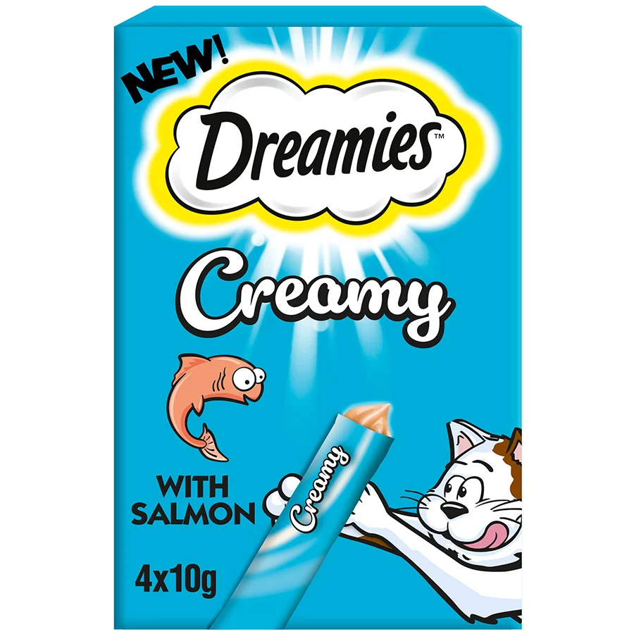 Superior Dreamies Creamy Adult Cat Kitten Treats with Salmon 4x10g Durable