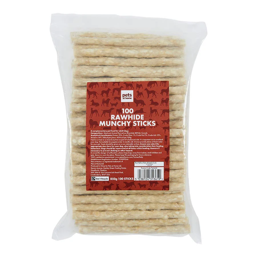 Easy-to-Use Pets at Home Rawhide Munchy Sticks Dog Treats 100 Pack 850g Unique