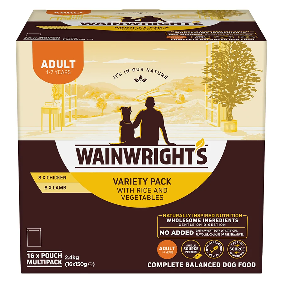 Classic Wainwright x27 s Wet Adult Dog Food Lamb Chicken Variety Pack 16x150g Pouch Safe