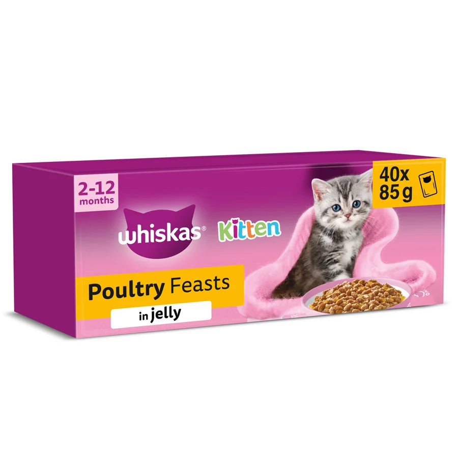 Quality Whiskas Kitten Wet Cat Food Poultry Feasts in Jelly 40 x 85g Pouches Natural