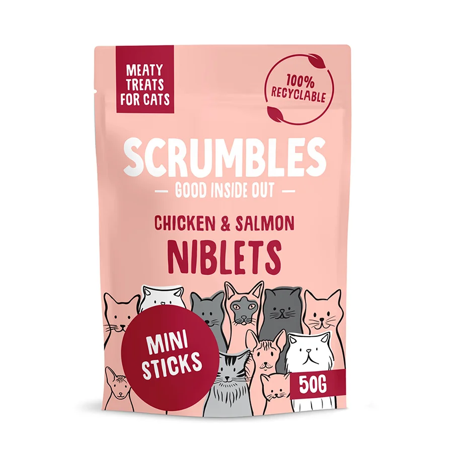 Green Scrumbles Niblets Meaty Cat Treats Salmon 50g Relaxed