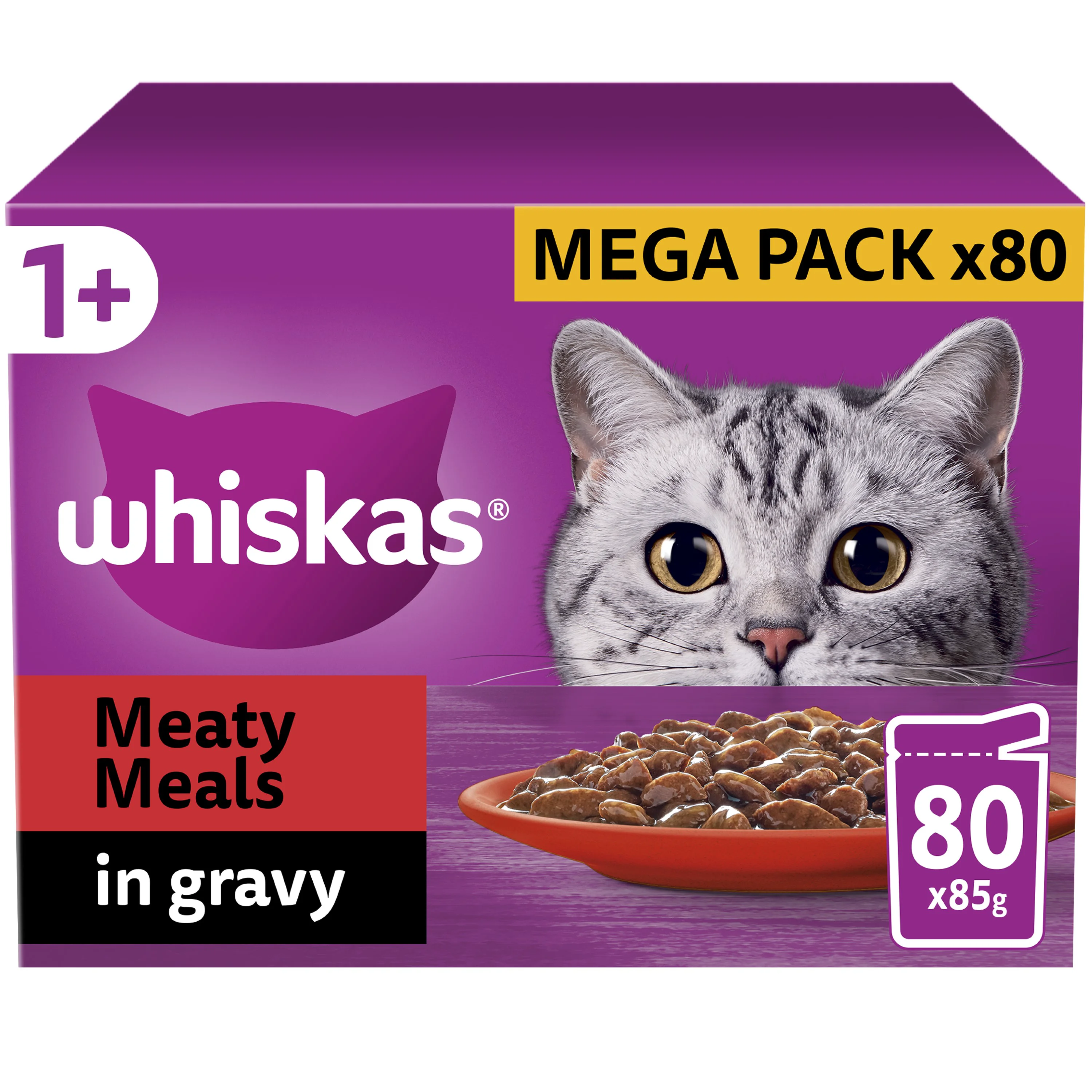 Solid Whiskas Wet Adult Cat Food Meaty Meals in Gravy 80x85g Dependable